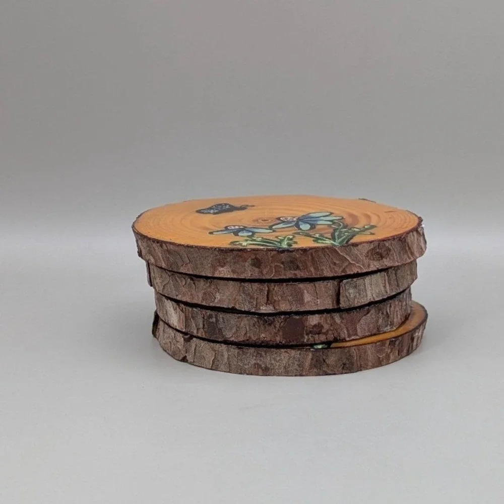 Hand Painted‎ Wood Slice Coasters Set of 4 Floral Butterfly Live Edge Rustic Art